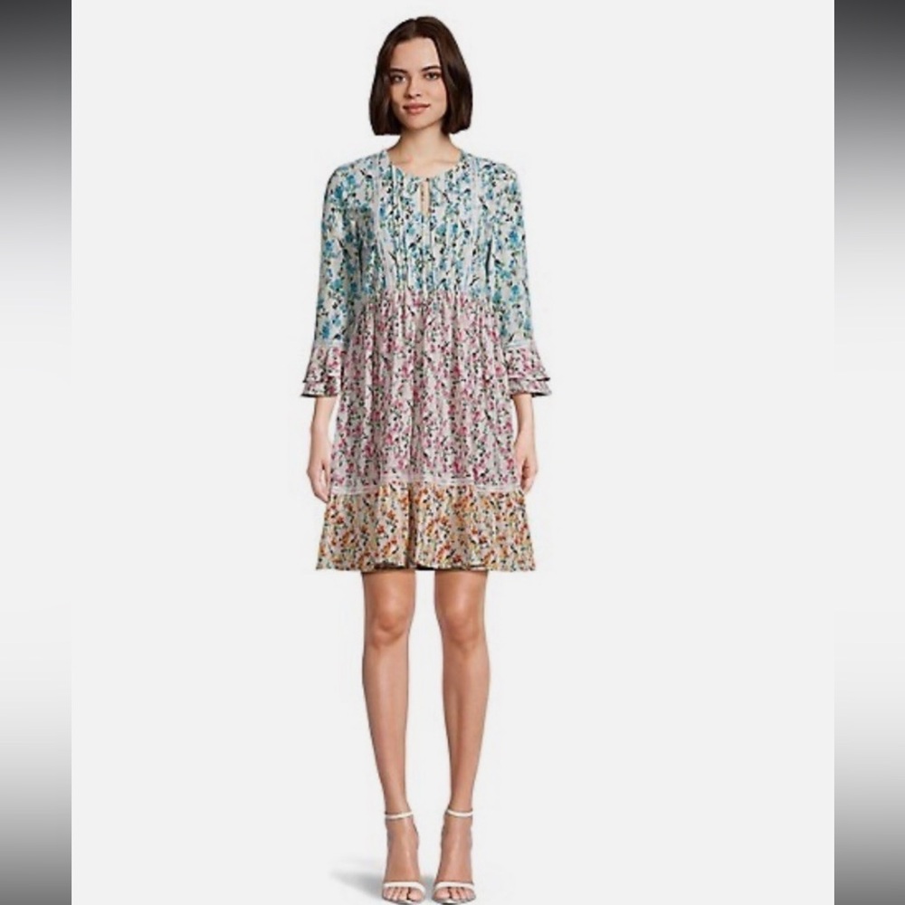 Maison Tara Mixed Media Floral Print Cottagecore Dress Size 4 Bell Sleeve